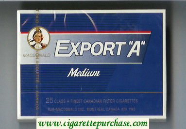 Export 'A' Macdonald Medium 25s cigarettes blue wide flat hard box