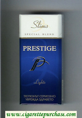 P Prestige Lights 100s Slims Special Blend blue and white cigarettes hard box