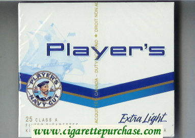 Player's Navy Cut Extra Light 25 white and blue wide flat hard box cigarettes